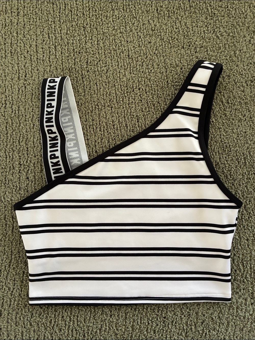 BRAND NEW: PINK Victoria's Secret Black & White One-Shoulder Striped Crop Top